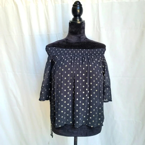 Abercrombie & Fitch Gold Polka Dot Top Off Shoulder Open Tie Sleeve Blouse Sz S - Picture 1 of 10